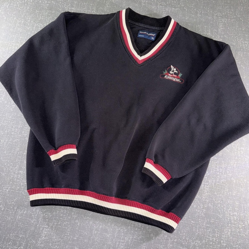 Vintage Swingster Sweater Mens XL Blue Remington V‎ Neck Knit USA Hunting Logo